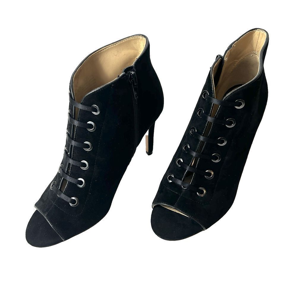 Enzo Angiolini Women's 7.5 M Black Suede Victorian Peep Toe Stiletto Ankle Heels